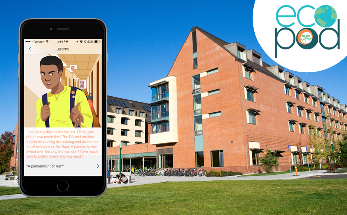 Screenshot of a mobile device with an African American character and a residential immersion hall in the background