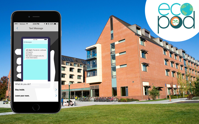 Screenshot of a mobile device with a text message alert and a residential immersion hall in the background