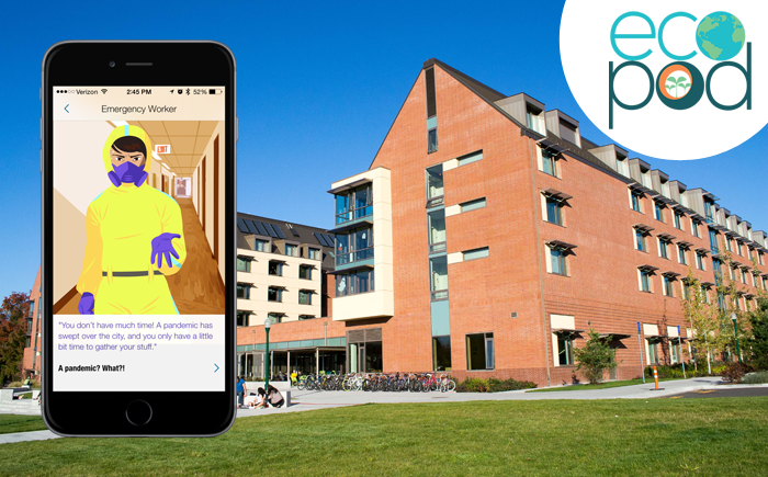 Screenshot of a mobile device with a character dressed in a hazmat suit and a residential immersion hall in the background
