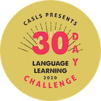 Button with 30-day language challenge written on it